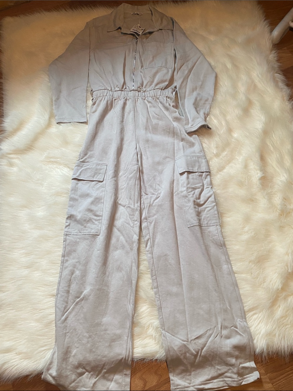 Zara Light Gray Wide-Leg Utility Jumpsuit